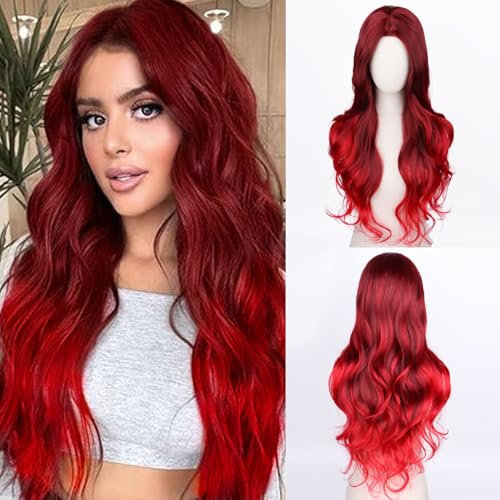 Fulang Hair Lange Gewellte Ombre Rot Perücke für Frauen, Lange Lockige Hitzebeständige Faser Synthetische Perücke Ombre Perücken, peruka damen natürlich haare für den täglichen