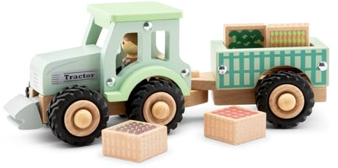 Woet Holz-Traktor mit Anhänger und Gemüsekisten | Bauernhof-Fahrzeug, Holz-Traktor, Bauernhof-Spielset, Schiebespielzeug, Fahrzeugset, ab 18 Monaten