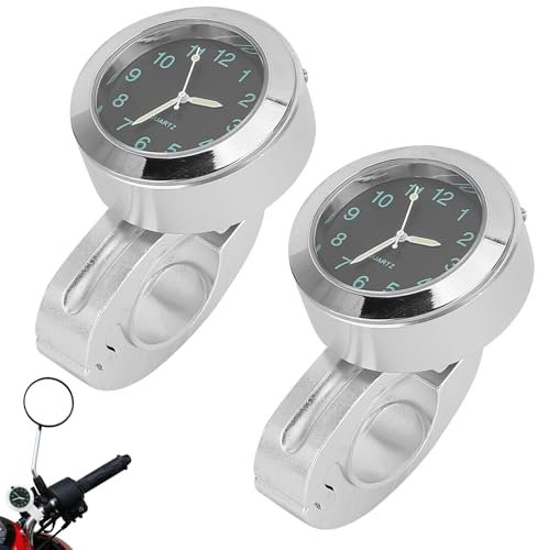 WIYETY 2 Stück Motorraduhr Leuchtende: Wasserdicht Motorrad Fahrrad Uhr, Motorraduhren für Lenker, Uhr Motorrad, Motorrad Fahrradzubehör, Durchmesser 22-25 mm - Silber