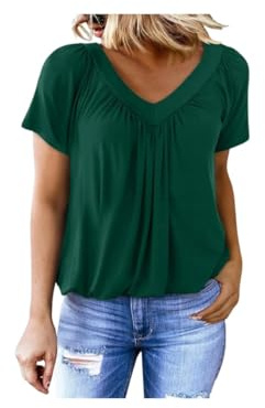Women's Casual Pleated V-Neck Short-Sleeve Top, Blouses for Women Business Casual, Summer Blouse (Green,M)