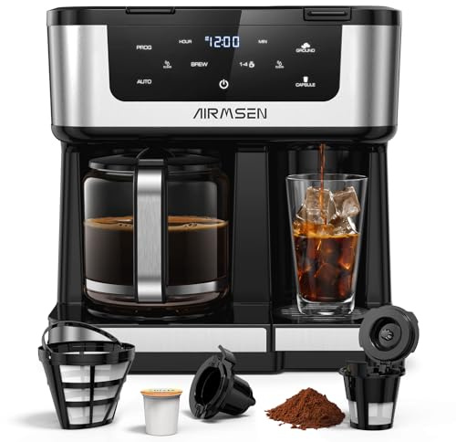 AIRMSEN 12-Cup Programmable Dual Coffee Maker – Single Serve Machine for K-Cup Pods & Ground, 1000W Fast Brew, Delay Start, 2H Keep Warm, Touchscreen, 60oz Tank, Glass Carafe – Home & Office