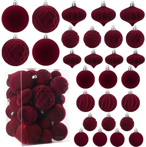 XIMISHOP 28 Pcs Velvet Christmas Balls Ornaments,Red Flocked Shatterproof Christmas Hanging Balls Baubles for Xmas Tree Decor Holidays Home Decoration