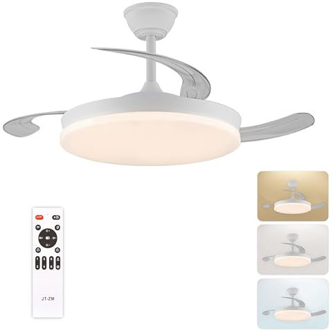 CLAR Retractable Ceiling Fan, Ceiling Fan with Light, Silent with Control, Folding Blades and Reversible Motor, Ceiling Fan with Light (White, 48W)