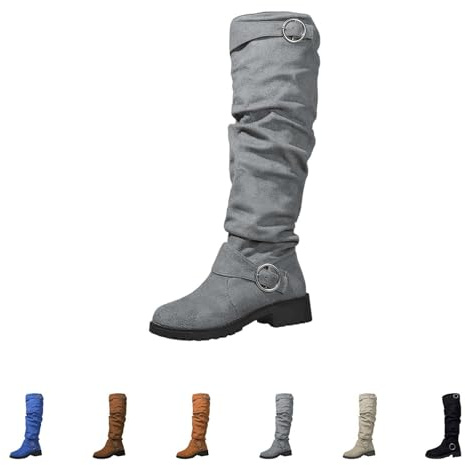 Stivali da cowboy da donna alti in pelle scamosciata, con tacco alto al ginocchio, con plateau, con fibbia, stile retrò, con tacco a blocco, suola profilata, grigio., 42 EU