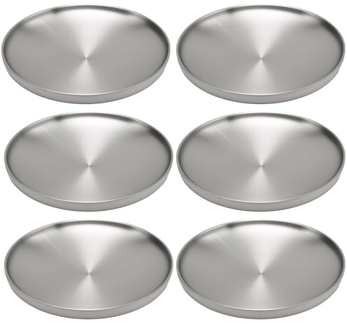 Hoypeyfiy 6Pcs 7.5in/19cm Stainless Steel Plates Set, Silver Double-Layer 7.5 Unbreakable Dinner Plates Set, Heat-Resistant for Kitchen BBQ Camping Restaurant