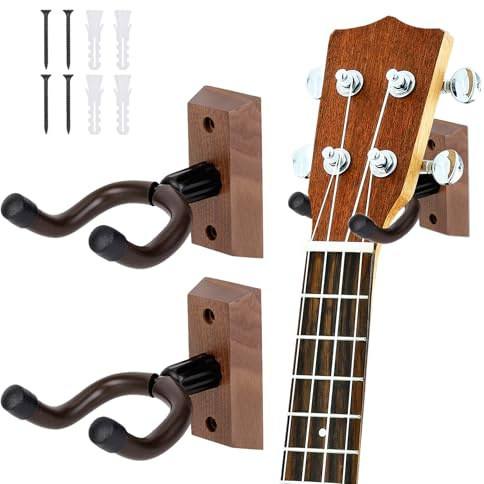GOEDCH 2 Stück Hartholz Gitarre Wandhalterung Aufhänger: Walnuss Holz Gitarrenhalterung Wand mit Silikonschlauch und Hartholzbasis, Ukulele Wandhalterung für Akustikgitarre, E-Gitarren, E-Bass