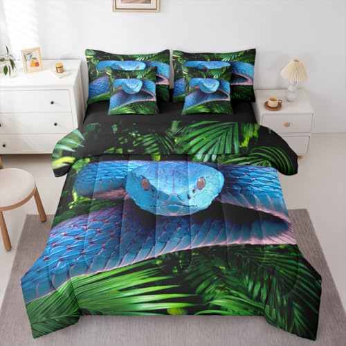Erosebridal Snake 7 Pcs Bedding Set Full 3D Reptile Comforter Set with Sheets Blue Scales Bed in A Bag Palm Leaf Wild Animal Bedroom Decor