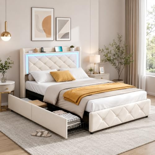 Polsterbett 90 x 200 cm, gepolstertes Bett mit 2 Schubladen,LED-Bett mit USB-Ladefunktion, Rückenlehne mit Aufbewahrung,Einzelbett mit Lattenrost aus Holz,Jugendbetten (Beige-A, 90 x 200 cm)