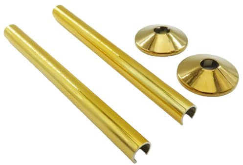 2 Pack Brushed Brass Effect Radiator Pipe Covers & Collars |15mm | 200mm Length, Plastic Clip-On Sleeves for Copper, Easy Fit Decorative Trim Kit