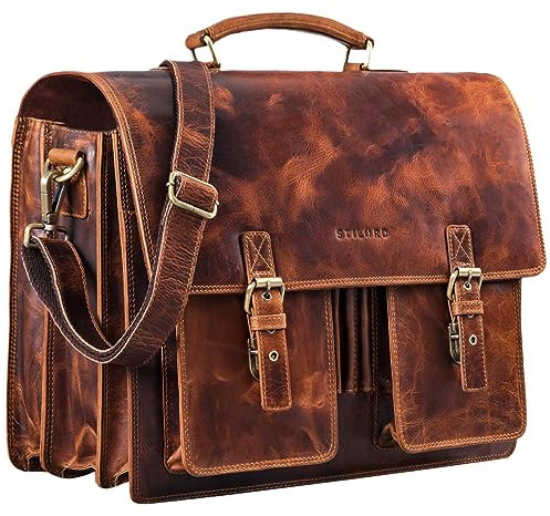 STILORD 'Anton' Echtleder Aktentasche XL - 15.6' Laptopfach - aufsteckbar - Verbesserte Version, Farbe:kara - cognac