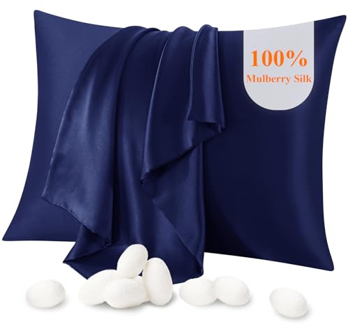 Jaciu 100% Silk Pillowcase for Hair and Skin, Pillow Cases Both Side Mulberry Silk Pillowcases 21 Momme 600 Thread Count Hidden Zipper Smooth Soft(Navy Blue, King 50x90CM,1pcs)