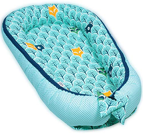 PaLulli Kuschelnest 2-seitig Babynest Babynestchen Baby Nest Nestchen Reisebett Wickelauflage Kuschelbett, Kokon Kokon für Babybett - Babys und Säuglinge, 100% Baumwolle Oeko TEX (Minz Wald)