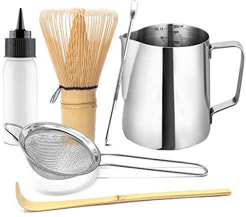 Artcome Japanese Matcha Tea Latte Tool Set, Matcha Whisk, Milk Frothering Pitcher, Steel Stainless Strainer, Handmade Matcha Ceremony Kit for Traditional Japanese Tea Ceremony (6pcs)