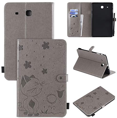 LMFULM® Étui pour Samsung Galaxy Tab A 2016 SM-T280 / T285 (7,0 Pouces) PU Cuir Poche Cas Flip Coque Protection avec Veille/Sommeil Housse Stand Case Papillon Chat et Abeille Gris