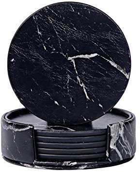 6 Stück Leder Glasuntersetzer mit Halter, Runder Untersetzer Marmor Untersetzer Cup Mat Tischset Tassenuntersetzer Geschäftsuntersetzer Getränkeuntersetzer für Getränke Tee Kaffee Tasse Glas,Schwarz