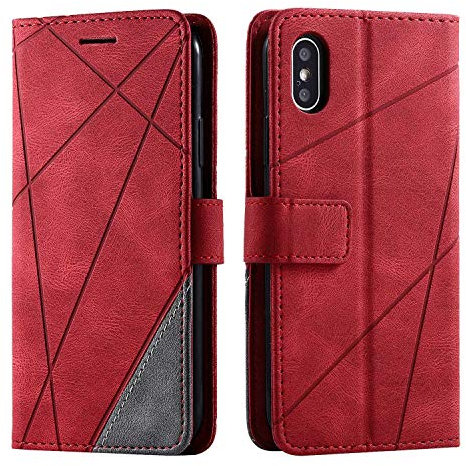 SONWO Case for iPhone X/iPhone XS, PU Leather Wallet Magnetic Protective Case for iPhone X/iPhone XS, Red