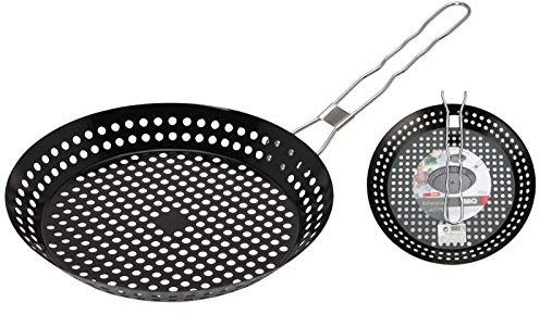 Galvog® BBQ Grilling Frying Pan 24cm | Chrome Metal Nonstick Coating Pan with Holes | Black Perforated Pan for Outdoors