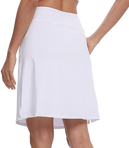 M MOTEEPI Athletic Golf Skort for Women with Pockets Long Tennis Skorts Skirts Modest Knee Length Stretchy UV Protection White L