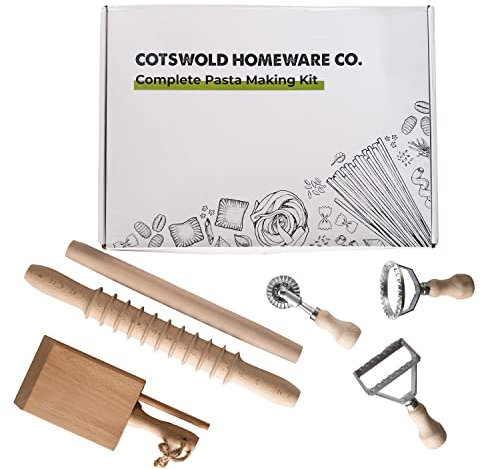 Cotswold Homeware Co Complete Pasta Making Tool Set Includes Two Ravioli Stamp Maker Cutter With Roller Wheel Set, Two Pasta Rolling Pins, Gnocchi Board. By