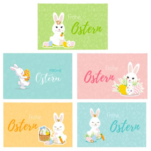 Merz Designkarten 5 Premium Osterkarten mit Umschlag (Klappkarten) 12x18cm, Karte Grußkarte Osterkarte Ostern lustigen Hasenmotive Eastern Frohe Ostern, Ostergrüße süssem Hasen, bunt mehrfarbig, l