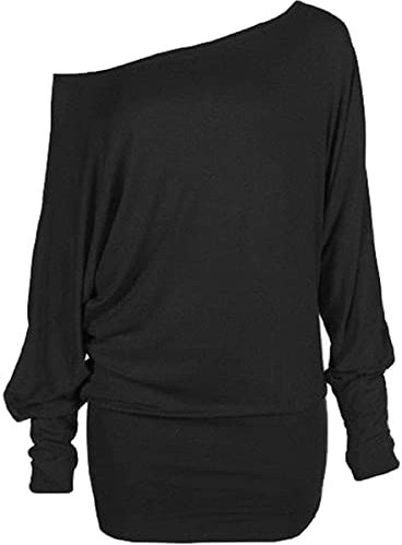 Crazy Girls Womens Long Sleeve One Off-Shoulder Plain Baggy Batwing Top UK8-24 (16-18, Black Plain)