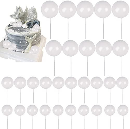 30 PCS Balls Cake Topper DIY Cake Insert Toppers Ball Cake Picks Cupcake Topper for Birthday Party Baby Shower Wedding Cake Decoration（White）