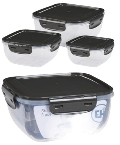 OrionMart 3pcs Food Storage Containers with Lids Airtight & Reusable – Plastic BPA-Free 100% Leak Proof Freezer Microwave Safe Square Stackable Boxes