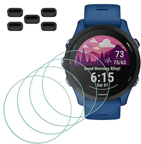 Protection Écran pour Garmin Forerunner 255/ 255 Music Verre Trempé [4 pièces] + Bouchons anti-poussière 5 pièces, MTHGH Protecteur d'écran Dureté 9H Anti-rayures Sans bulles Ultra Mince