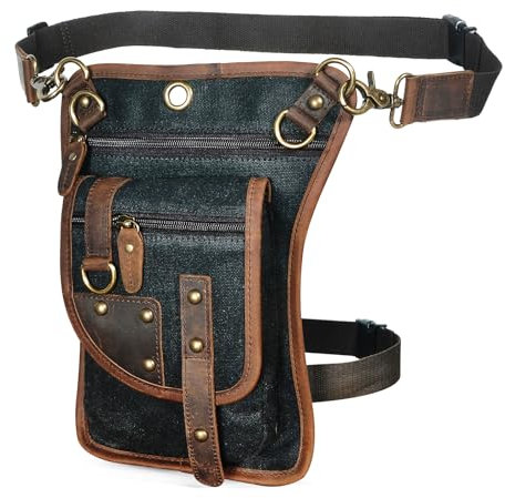 Herren Canvas + Leder Motorrad Reiten Tasche Beinbeutel Beintasche Außenbeintasche Hüfttasche Drop Leg Tasche FB2141 (2141-Schwarz)