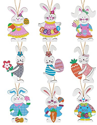 HOWAF 9 Osteranhänger Hase Holz Osterdeko zum Aufhängen, Osterhasen Anhänger Osterhase Holz Osterschmuck Osterdeko zum Aufhängen Hasen Deko Holzhase Osterhasen Deko Holz für Geldgeschenk Ostern Deko