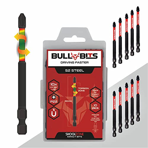 10x Bull Bits 90mm PZ2 Impact Screwdriver Bits Set – Pozi Pozidriv, Shock Zone, S2 Steel, Torsion Zone