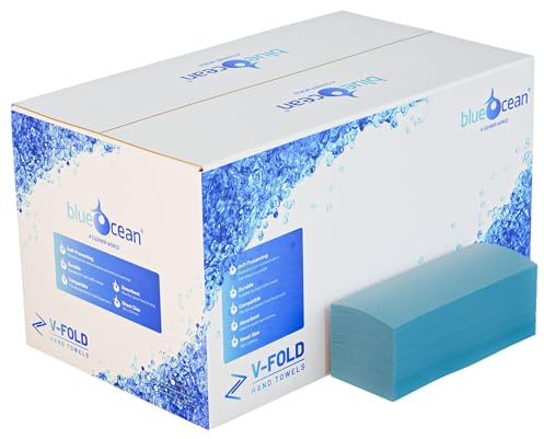 BLUEOCEAN V Fold Paper Towels (1 Ply) | Interfold Blue Hand Towel (3600 Sheets) - Recycled, Strong & Super Absorbent Disposable Hand Towels for Bathrooms, Catering, Cleaning & Hand Drying