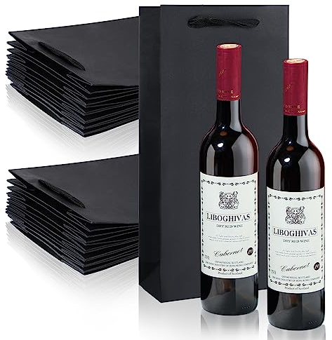 Yeaqee 50 Pack Wine Bags for Wine Double Bottles Gifts Carriers 6.6x3.6x13.8 Craft Bottle Bags Bulk with Handles Paper Tumbler Carriers, Party Gift Pocket with Handle(Black)