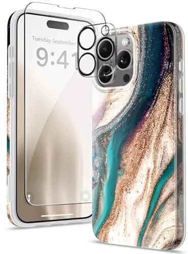 GVIEWIN für iPhone 15 Pro Max Hülle mit Schutzfolie+Kameraschutz Marmor TPU | Militärischer Schutz,Anti-Gelb,Dünn,Stoßfest,Kratzfest,Schutzhülle Handyhülle 6,7 2023,Driftsand/Braun
