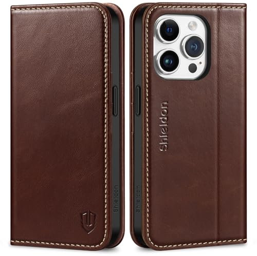 SHIELDON Hülle für iPhone 15 Pro 5G, Stoßfest Echt Lederhülle [Kartenfach] [Magnet] [RFID Blocker], TPU Klapphülle Schutzhülle Kompatibel mit iPhone 15 Pro 6,1 - Retro Kaffee