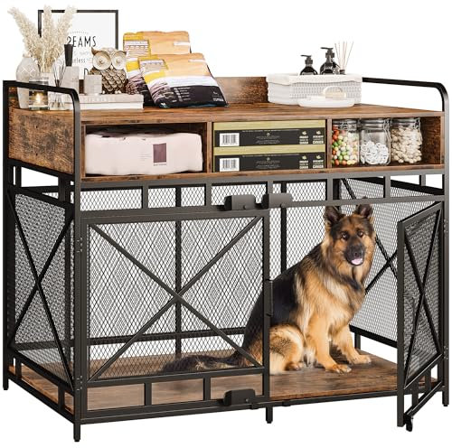 Fulhope Dog Furniture - Wooden Kennel with Drawers, Heavy Duty, Decorative Indoor Dog Crate 43.3 L x 27.6 W x 35.7 H (Rustic Brown)