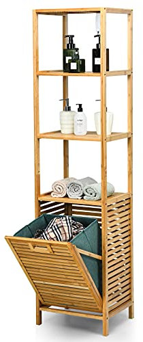 COSTWAY Bamboo Laundry Basket, Bathroom Shelf Laundry Hamper with Removable Pull-Out Bag and Storage Shelf, Floor Washing Dirty Clothes Basket Organiser Unit, 40x33x95/160cm (3-Tier Shelves)