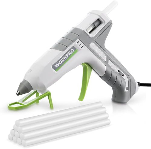 WORKPRO Heißklebepistole, 60/100 W Klebepistole mit 10 Heißklebesticks, Zwei Heizmodi, Schnelle Verklebung 9-12 g/min, 90s Schnellvorheizung, 3-Punkt-Halterung, für DIY und Reparaturen, Grau&weiß