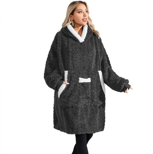 Romint Tragbare Winterdecke für Damen und Herren, warme Kapuzendecke mit Taschen, 3D-Jacquard, gemütliche Kapuzendecke, Geschenk, Hexagon Dunkelgrau, Standard
