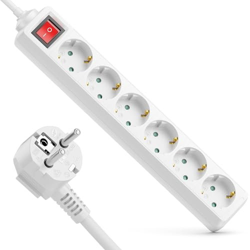 deleyCON 6 Compartiments Prise de Courant avec Interrupteur on/Off Prise de Courant Multiple Prise de Courant pour Intérieur 3,0 m Câble Connecteur de Protection Boîtier en Plastique Robuste Blanc