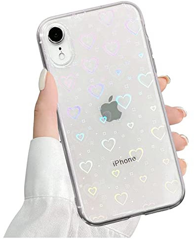 QUESPLE Kompatibel mit iPhone XR Hülle Transparent Glitzer Herz Muster für Frauen Mädchen Mode Weiche Langlebige Schlanke TPU Handyhülle, Hart PC Rückseite Kratzfest
