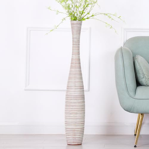 Leewadee Grand Vase A Poser Au Sol 85 cm Haut - Vase De Sol pour Fleur Ou Pampa, White Wash, Résine