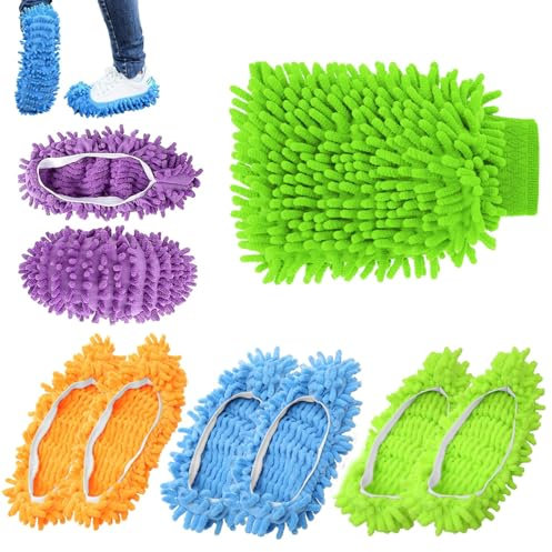 PIMXL 4 Pares Zapatillas Mopa y 1 Guante de Limpieza Chenille de Gran Tamaño, Zapatos de Limpieza de Pisos multifunción de Fibra de Chenilla para Barrido de Casa, Oficina, Cocina (4 Colores)