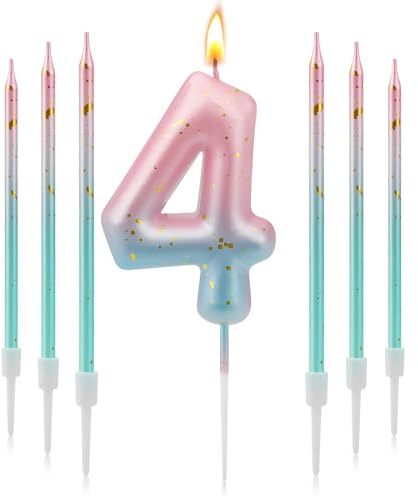 Number 4 Candles Pink Blue Gradient, 7 Pcs Birthday Candles | for Cakes Gold Glitter Birthday Cake Candles for Girls Birthday Party Wedding Anniversary