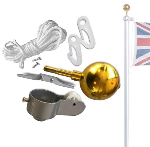 Ieron 8Pcs Flag Pole Repair Parts Kit with 1 flag rope + 1 flagpole top ball + 1 cleat hook + 2 flagpole hook clamps + 1 flagpole truck + 2 screws