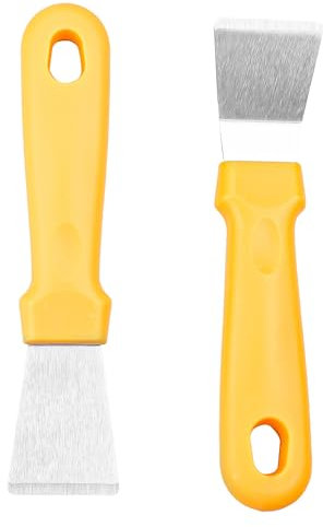 Luckious 2 Pcs Cleaning Scraper with Plastic Handle, Straight + Curved 2 Stainless Steel Grease Scraper, Kitchen Cleaning Scraper, for Refrigerator Defrosting, Oven, Hob, Induction Cooktop (Yellow)