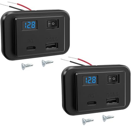 Hoembpn 2PCS 12V Dual USB C Car Charger Socket Panel with Switch and LED Voltmeter 40W PD2.0+QC3.0,DC12V-26V USB Power Outlet Outdoor Quick Charge Adapter for Campervan Boat Truck Marine Accessories