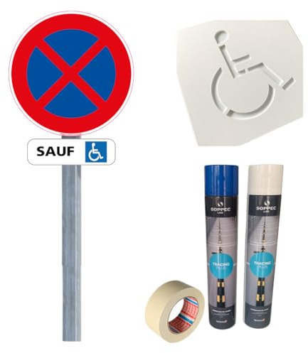 Adzif.biz Le sticker de decoration - Kit Panneau Place Handicapé avec Pochoir, Signalisation et Marquage au Sol, Poteau Galvanisé + Peinture