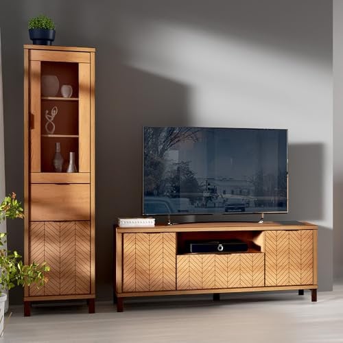 Lomadox Wohnzimmermöbel Set 2-teilig Lowboard TV-Board TV Unterschrank Vitrine Vitrinenschrank modern in Eiche