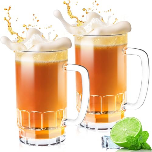 Momugs 20 OZ Beer Stein Mugs, German Clear Large Tall Beer Glasses With Handle for Men, Vertical Bar Mug Set of 2